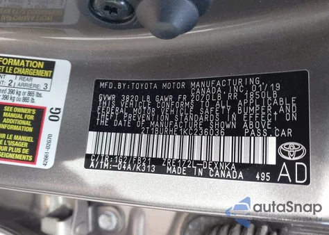 2019 Toyota Corolla Le from USA, damaged, VIN 2T1BURHE1KC236036